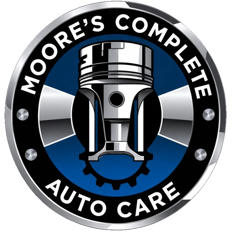 Moore's Complete Auto Care logo with piston and gear